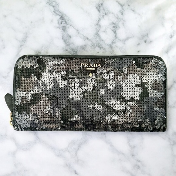 PRADA Black & Silver Sequin & Leather Camo Camouflage Large Zippy Wallet - Picture 1 of 15